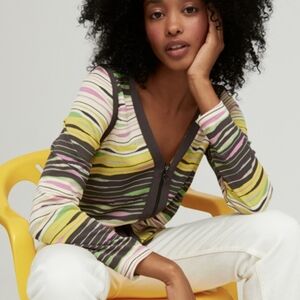 Aldo Martins, Multi Abstract V-neck Zip Front Stretch Knit Cardigan, SZ 10